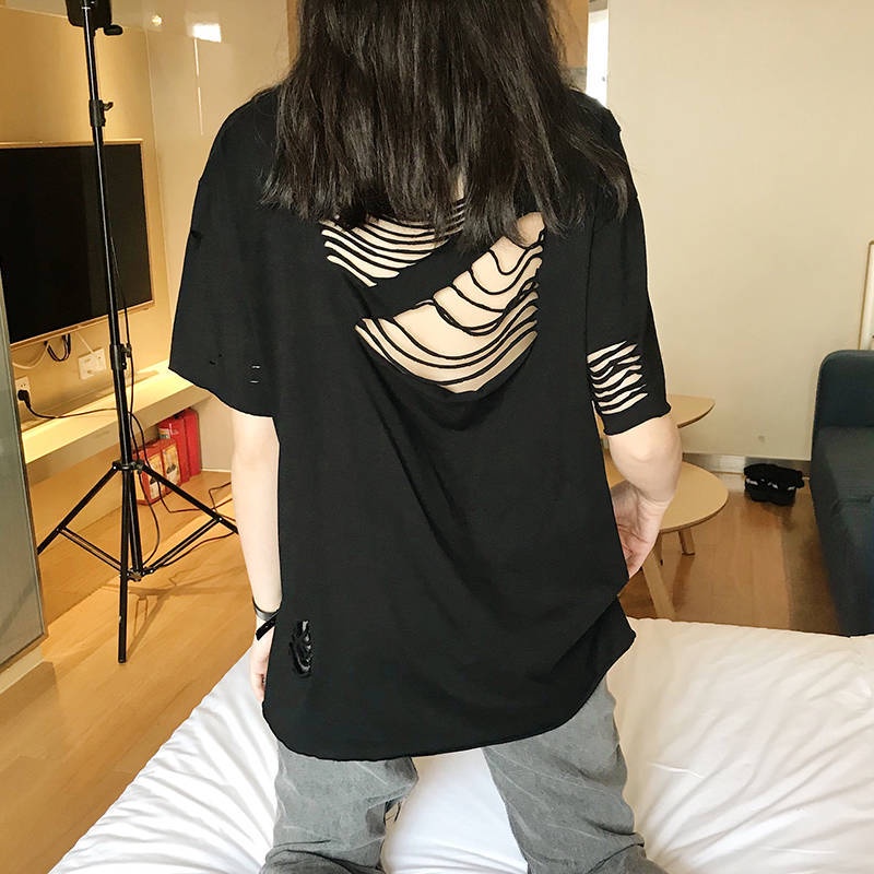 Áo Thun Cotton Trơn Tay Ngắn Dáng Rộng Khoét Lỗ Rỗng Kiểu Hàn Quốc Thời Trang Mùa Hè Cho Nữ