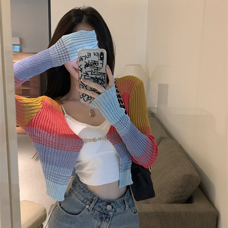 Áo Cardigan Dệt Kim Mỏng Tay Dài Dáng Ôm Màu Cầu Vồng Thời Trang Mùa Hè 2022 Cho Nữ