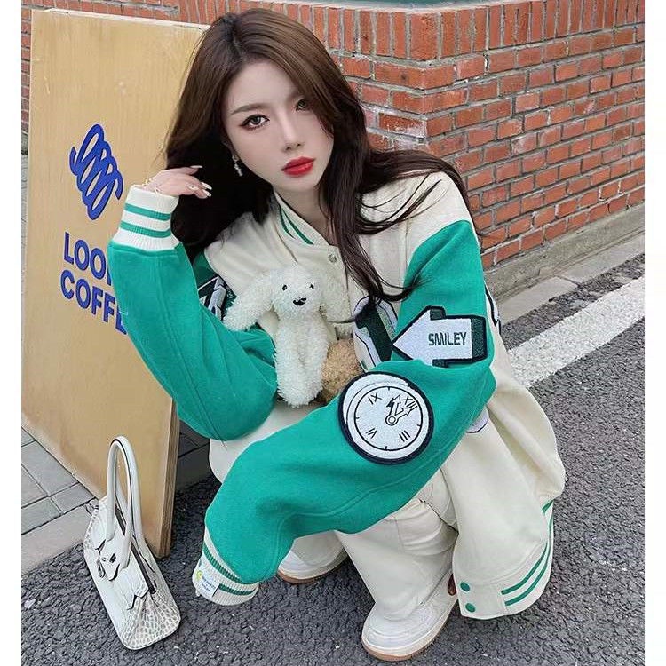 Áo Khoác Bóng Chày Co Giãn Giữ Ấm Thoải Mái Thêu Hình Gấu Phong Cách Đường Phố Mới Cho Cặp Đôi Màu Xanh Lá Cây Cardi