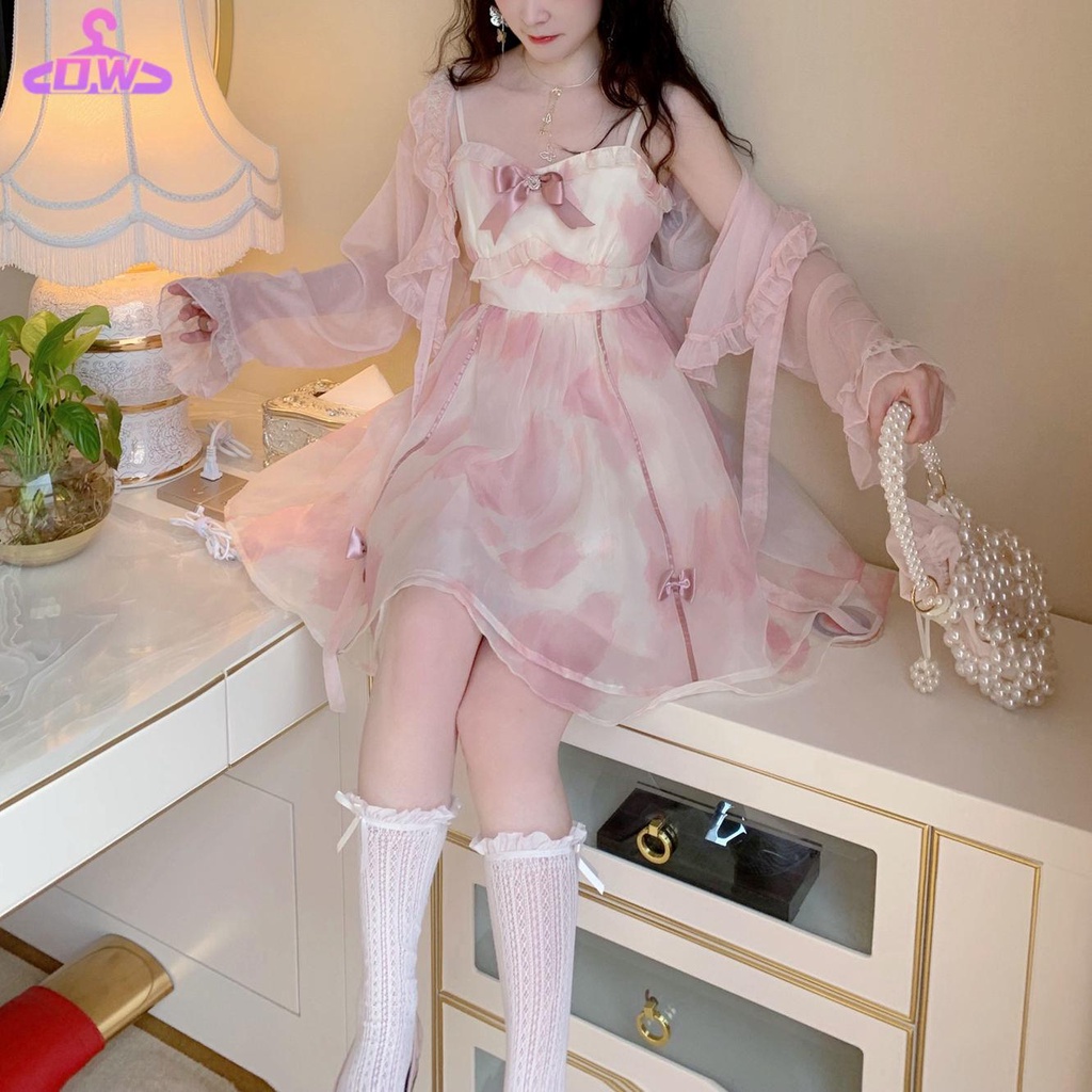đầm công chúa Đầm Hai Dây Mỏng Nhẹ Đính Nơ Kim Cương Phong Cách Pháp Ngọt Ngào Thời Trang Mùa Hè Cho Nữ