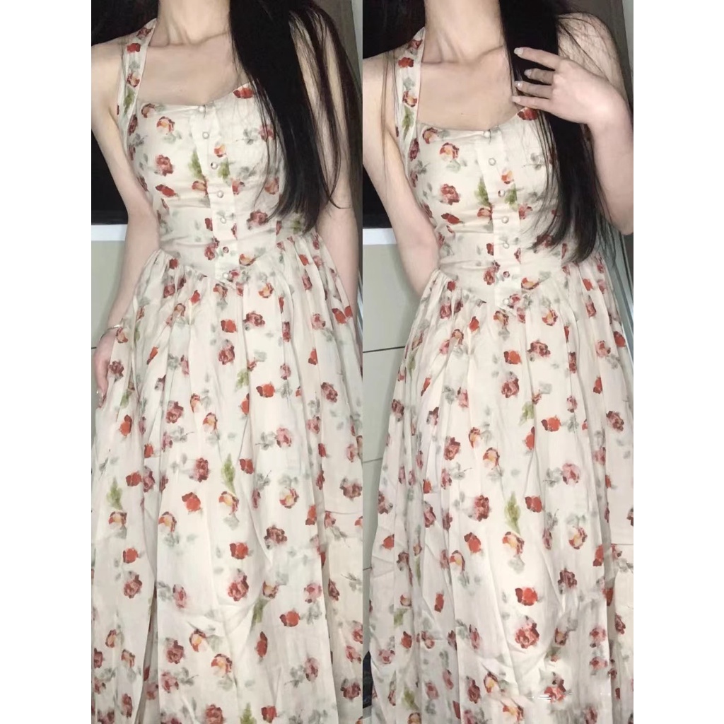 Đầm Hai Dây Họa Tiết Hoa Hồng Phong Cách Pháp Cổ Điển Thời Trang Mùa Hè