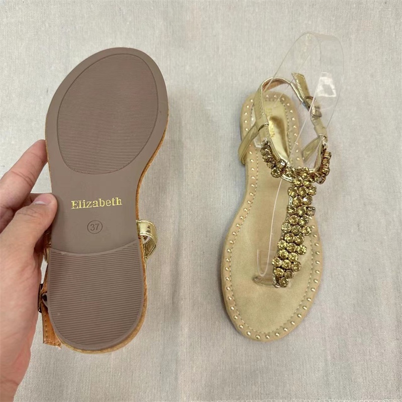 Giày Sandal Đế Phẳng Siêu Nhẹ Da Lộn Mềm Quai Chữ T Đính Đá Phối Khóa Cài Dễ Phối Đồ