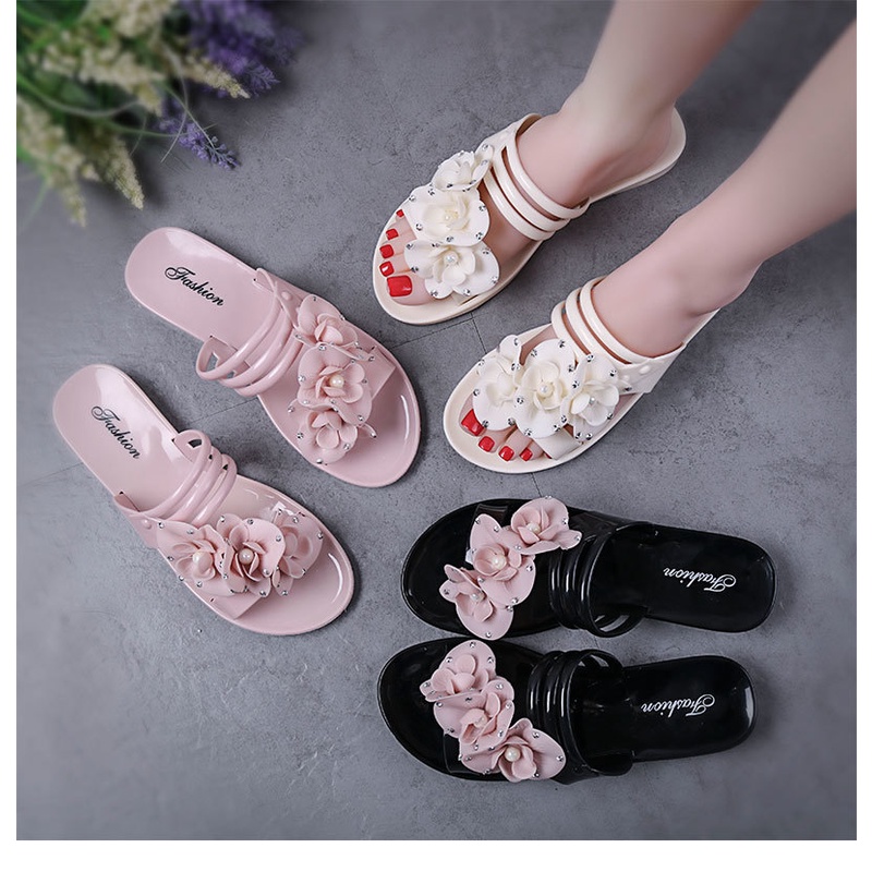 Dép Sandal Nhựa Dẻo Đế Bằng Chống Thấm Nước Đính Hoa Thời Trang Hàn Quốc Cho Nữ