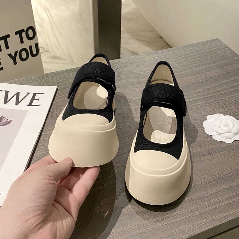 Giày Búp Bê Mary Jane Mũi To Bằng Vải Bạt Đế Dày Màu Trắng Dễ Thương Kiểu Pháp Thời Trang Mùa Hè Cho Bạn Gái