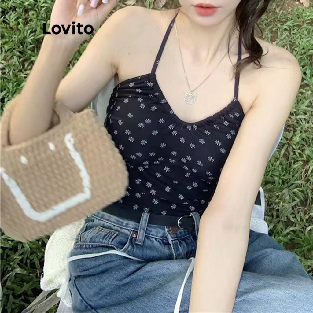 Áo Lovito không tay cổ yếm thắt dây phía sau họa tiết hoa nhỏ thường ngày dành cho nữ LNA04098 (màu đen)