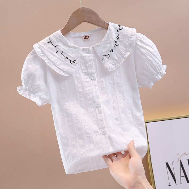 Áo Sơ Mi Trắng Tay Ngắn Cổ Búp Bê Kiểu Công Chúa Dễ Thương Cho Bé Gái