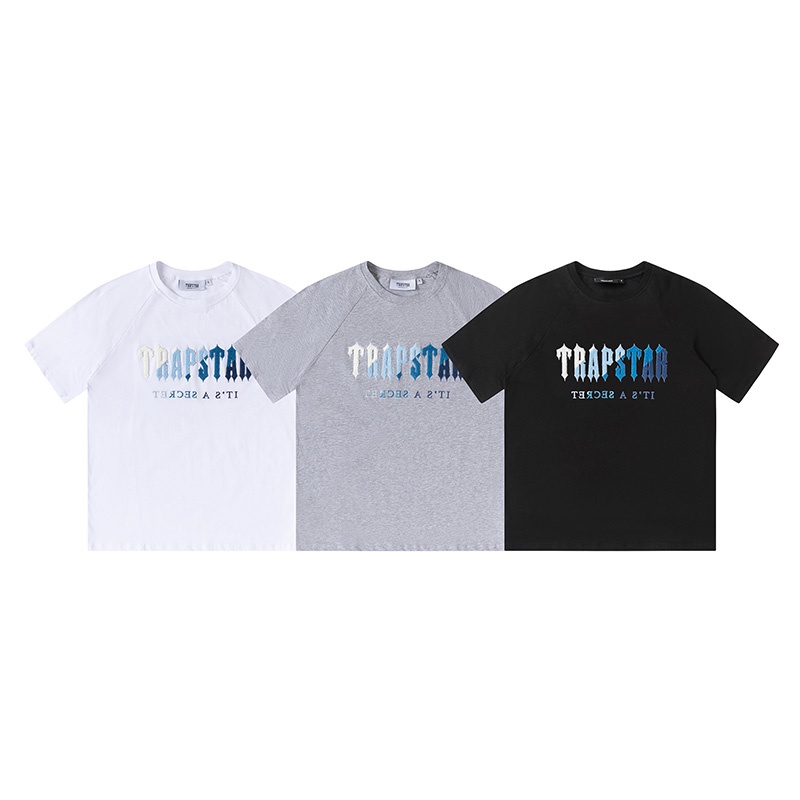 Hàng Bán Chạy! Áo Thun Tay Ngắn Cổ Tròn Thêu Hình Trapstar Trắng Xanh Dương Unisex Bán Chạy