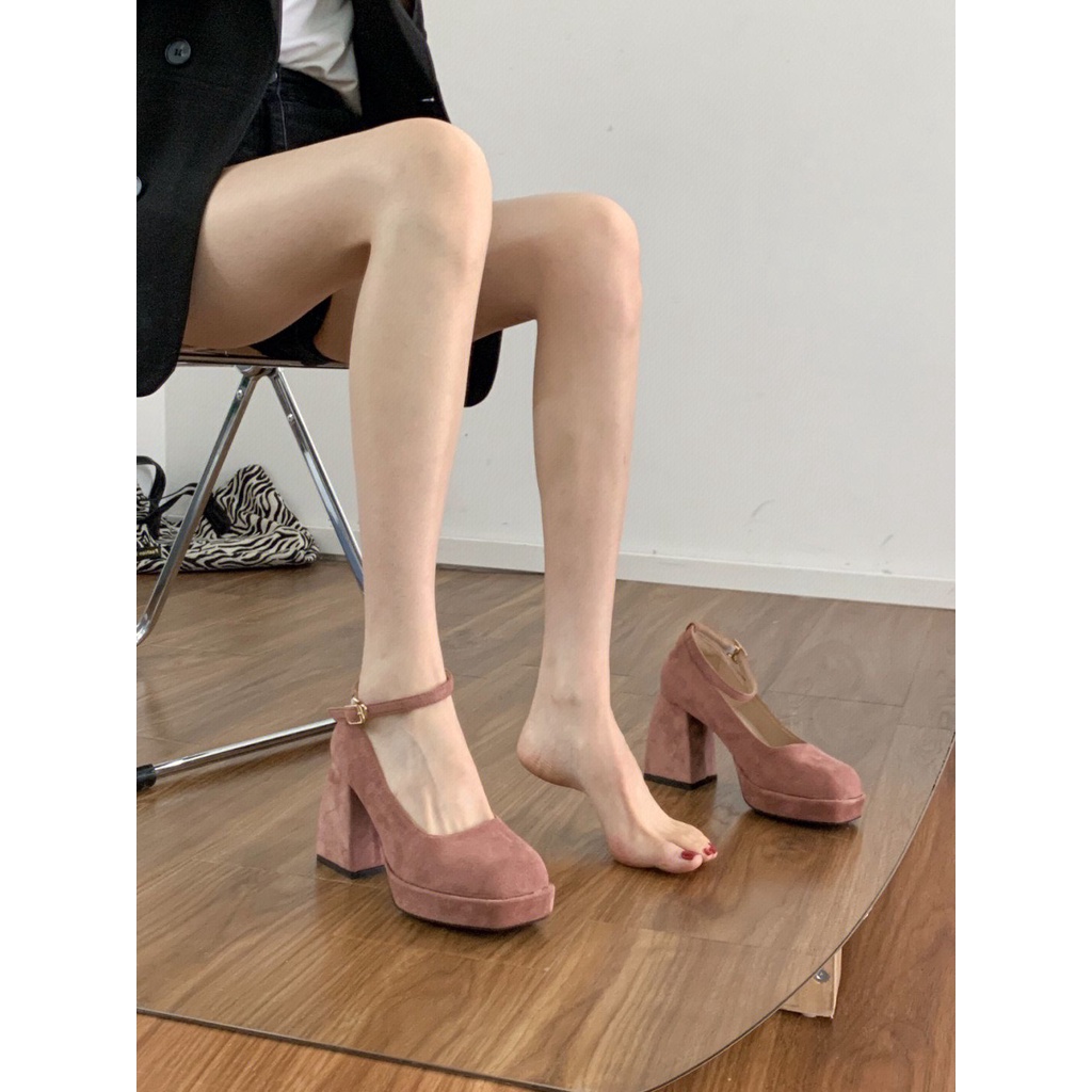 Pháp khóa phẳng giày cao gót phụ nữ giày gót dày phụ nữ giày phù dâu nền tảng ngón chân vuông đế dày mary jane giày