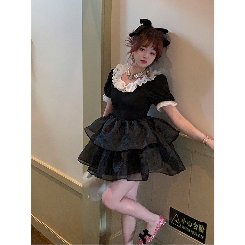 Tính khí ngọt ngào gạc khâu puff tay áo váy mùa hè phong cách mới hẹp eo thon hơn nhìn công chúa váy phồng váy ngắn