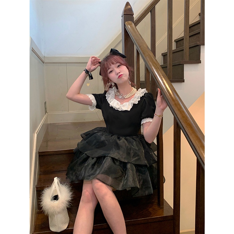 Tính khí ngọt ngào gạc khâu puff tay áo váy mùa hè phong cách mới hẹp eo thon hơn nhìn công chúa váy phồng váy ngắn