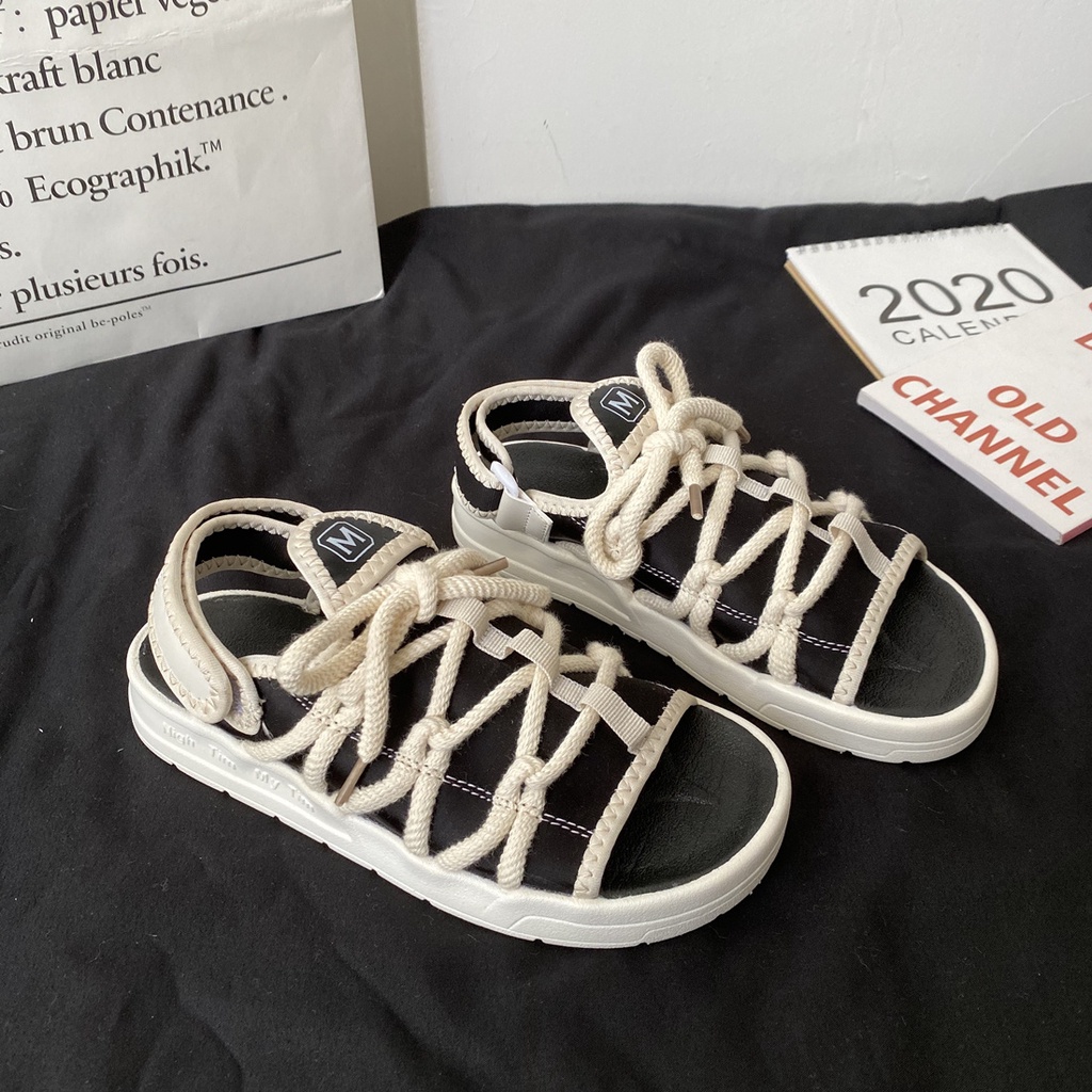 Giày Sandal Cột Dây Đế Bằng Phong Cách Hàn Quốc Thời Trang Mùa Hè 2021