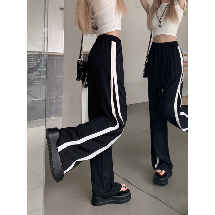 Lalisas Quần Dài Ống Rộng Lưng Cao Co Giãn Phối Dây Rút Thời Trang Cho Nữ