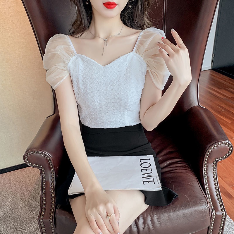 Áo Sơ Mi Tay Ngắn Phồng Cổ Vuông Phong Cách Pháp Ngọt Ngào Cho Nữ