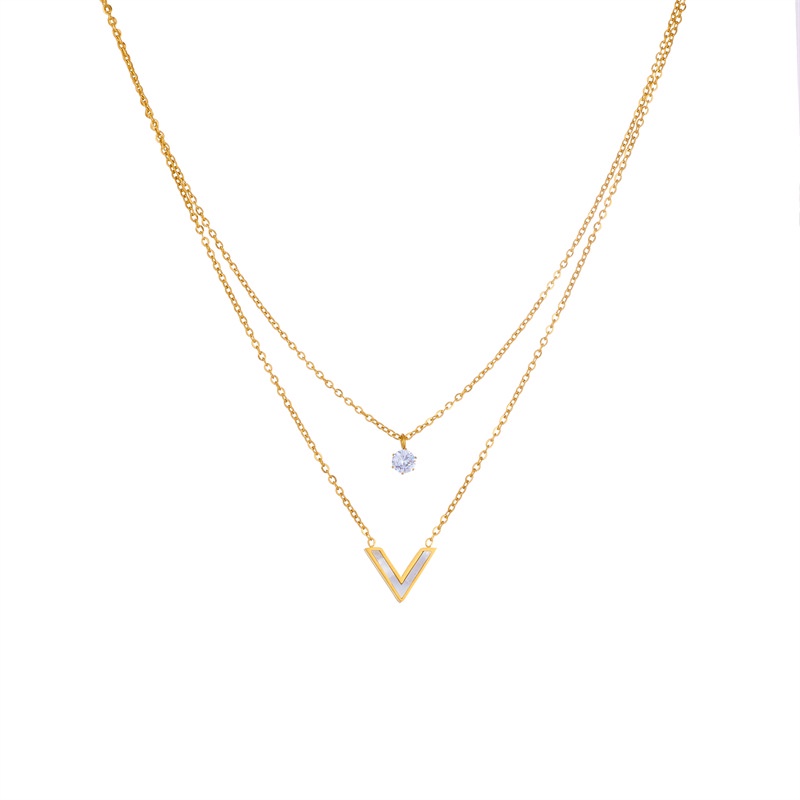Vòng Cổ Hai Lớp Bằng Thép Titan Đính Đá zircon Vỏ Sò Trắng Thiết Kế Sang Trọng Đơn Giản