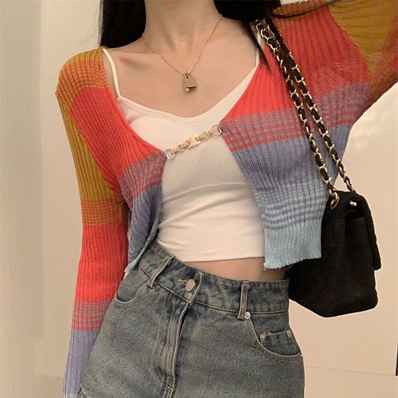 Áo Cardigan Dệt Kim Mỏng Tay Dài Dáng Ôm Màu Cầu Vồng Thời Trang Mùa Hè 2022 Cho Nữ
