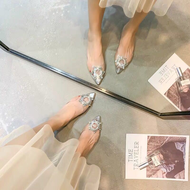 Giày Sandal Mũi Nhọn Quai Trong Suốt Đính Đá Thời Trang Mùa Hè Dành Cho Nữ 2023