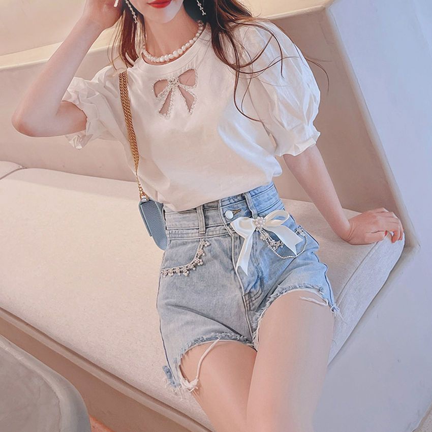 Áo Thun Cotton Nguyên Chất Tay Ngắn Phồng Đính Hạt Thời Trang Mùa Hè Mới 2023 Cho Nữ