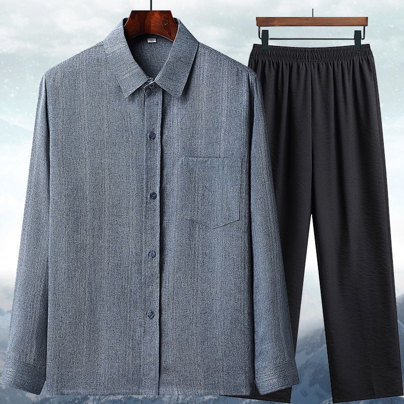 Spring and autumn men áo sơ mi dài-tay + quần dài trung niên người già cotton linen ngắn-tay dài cỡ lớn thời trang