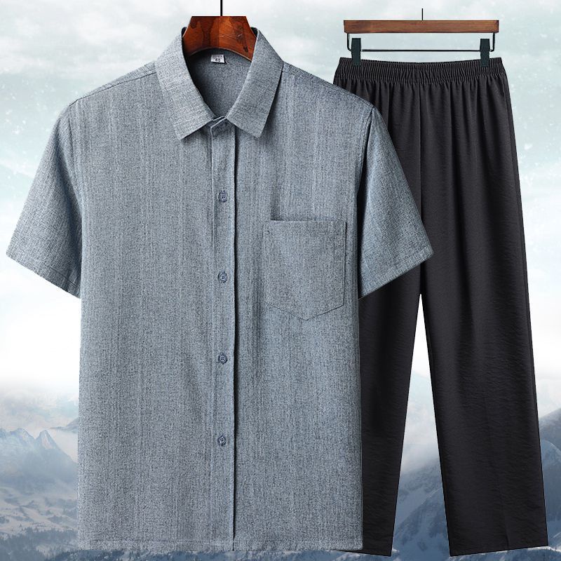 Spring and autumn men áo sơ mi dài-tay + quần dài trung niên người già cotton linen ngắn-tay dài cỡ lớn thời trang