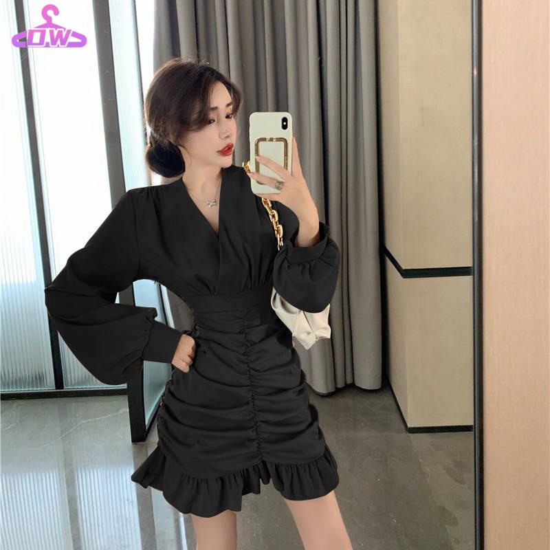 đâm babydoll Đầm Ngắn Ôm Eo Tay Dài Cổ Chữ v Phong Cách Pháp Thời Trang Mùa Thu Mới