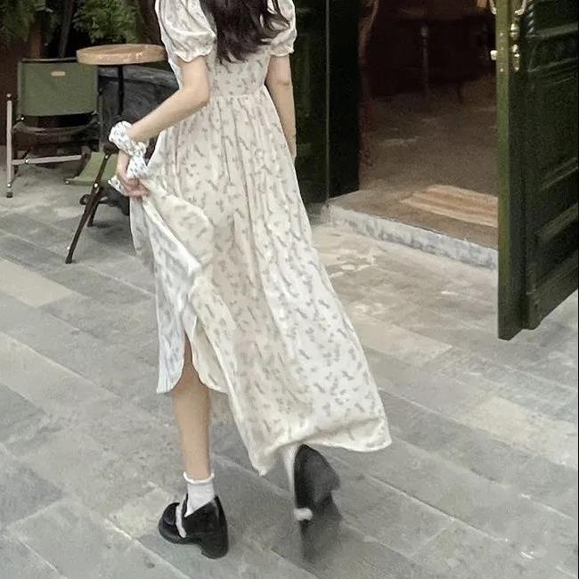 Đầm Chiffon Tay Phồng In Hoa Màu Sắc Tươi Sáng Phong Cách Pháp Thời Trang Mùa Hè Cho Học Sinh
