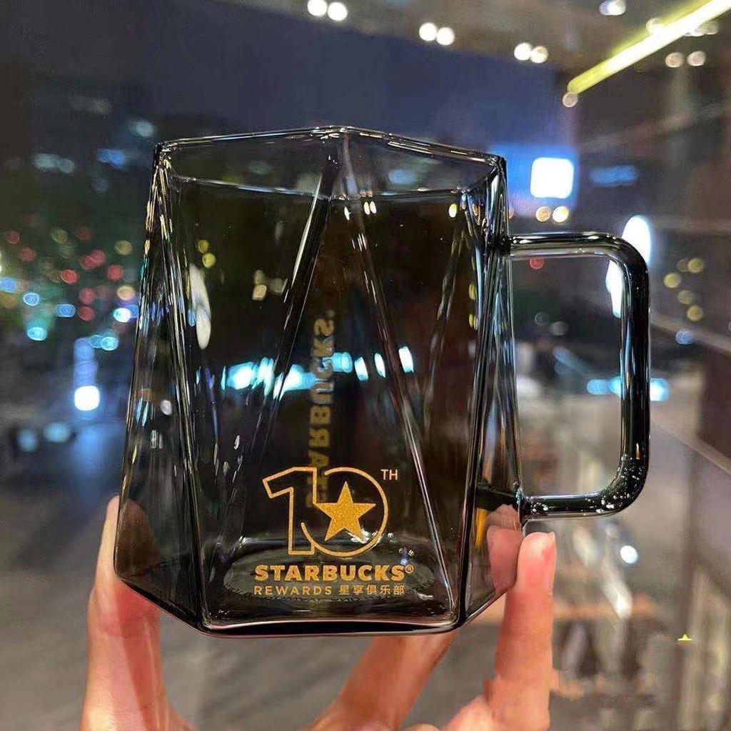 starbucks Bình Nước Giữ Nhiệt Thủy Tinh Ba Chiều Họa Tiết Kẻ Sọc Đen Lấp Lánh Kỉ Niệm Lần Thứ 10 Năm 2022