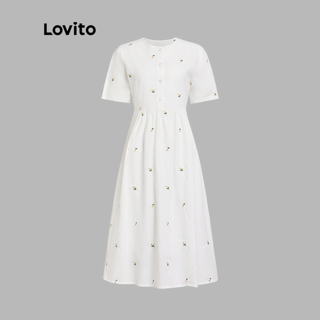 Đầm suông cổ tròn Lovito thêu hoa hướng dương cho nữ L47AD080 (Trắng)