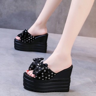 Dép đế xuồng cao 12cm thắt nơ thời trang cho nữ