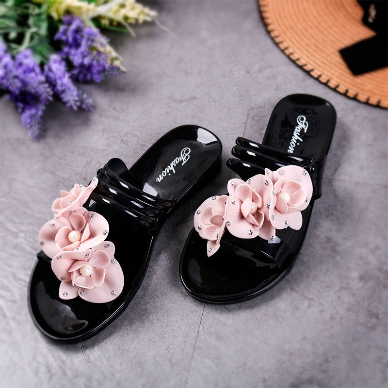 Dép Sandal Nhựa Dẻo Đế Bằng Chống Thấm Nước Đính Hoa Thời Trang Hàn Quốc Cho Nữ