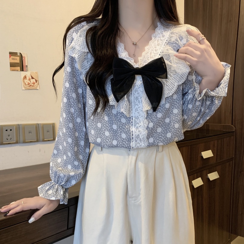 ❍❏▥Áo Sơ Mi Chiffon Dài Tay Cổ Chữ V Họa Tiết Chấm Bi Phối Ren Thắt Nơ Phong Cách Phương Tây Thời Trang Mùa