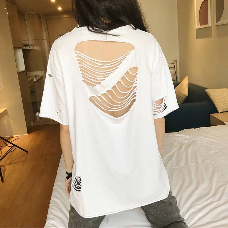 Áo Thun Cotton Trơn Tay Ngắn Dáng Rộng Khoét Lỗ Rỗng Kiểu Hàn Quốc Thời Trang Mùa Hè Cho Nữ