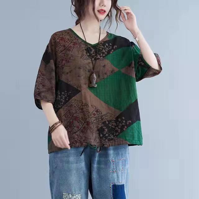 Áo Thun Cotton Lanh Mỏng Dáng Rộng In Họa Tiết Thời Trang Mùa Hè 2023 Cho Nữ