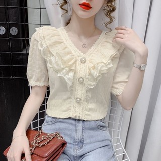 Áo chiffon tay ngắn cổ chữ v phối ren ngọt ngào thời trang cho nữ