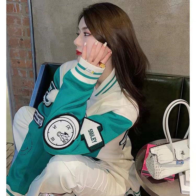 Áo Khoác Bóng Chày Co Giãn Giữ Ấm Thoải Mái Thêu Hình Gấu Phong Cách Đường Phố Mới Cho Cặp Đôi Màu Xanh Lá Cây Cardi