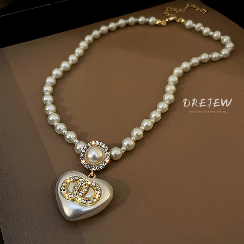 DREJEW Khuyên tai/ Vòng cổ bạc 925 trái tim đính kim cương và ngọc trai giả sang trọng phong cách Pháp