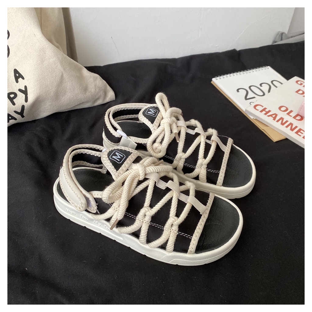 Giày Sandal Cột Dây Đế Bằng Phong Cách Hàn Quốc Thời Trang Mùa Hè 2021