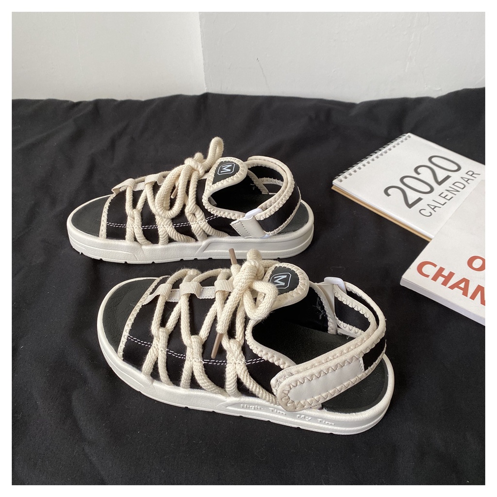 Giày Sandal Cột Dây Đế Bằng Phong Cách Hàn Quốc Thời Trang Mùa Hè 2021