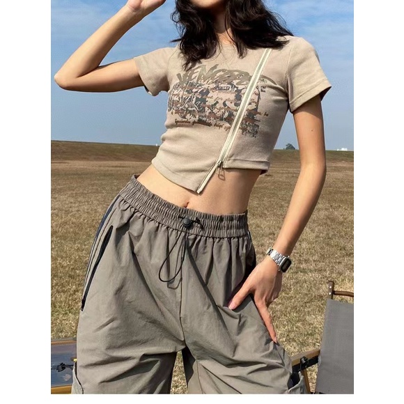 [F &amp; X] Áo Thun Cotton Ngắn Tay Phối Khóa Kéo Lệch Vai Phong Cách Công Nghiệp Retro Mỹ Độc Đáo