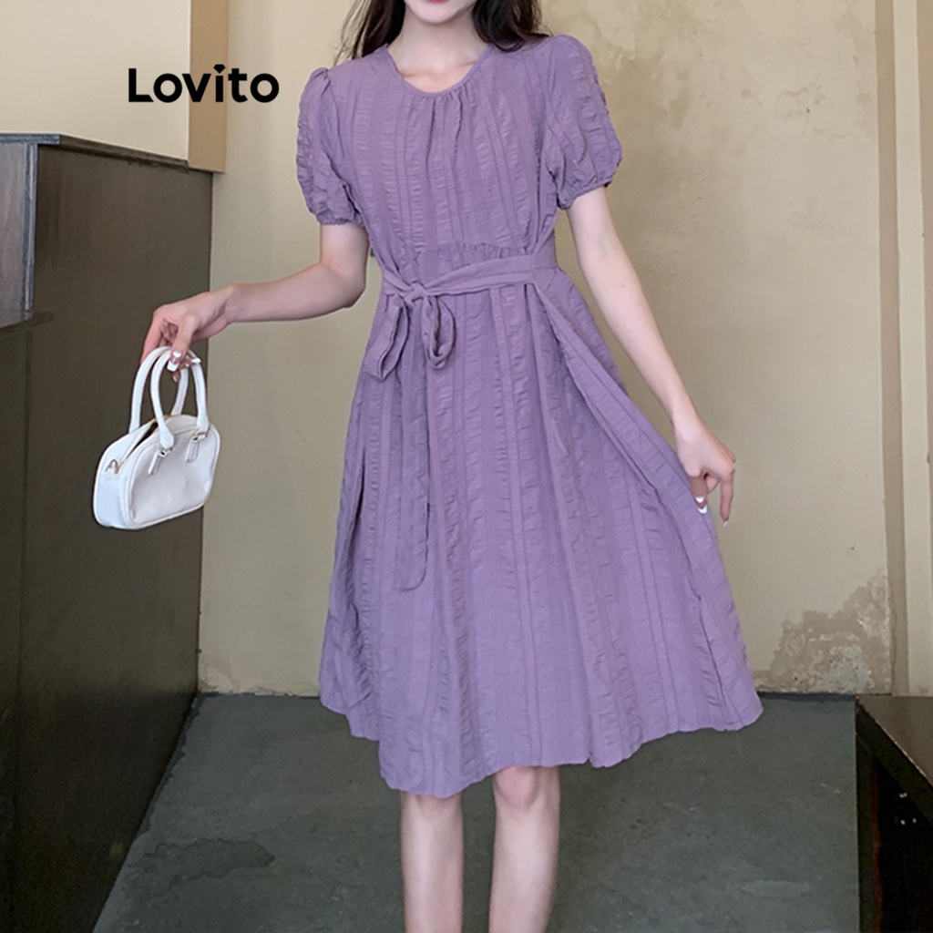 Đầm Lovito maxi dáng chữ A có dây thắt lưng màu trơn thường ngày dành cho nữ LNE04137 (màu tím)