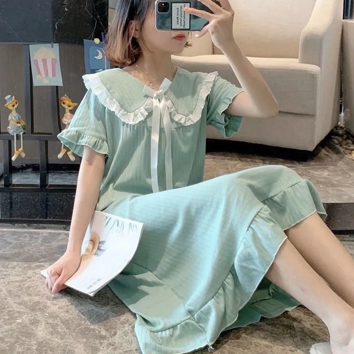Đầm Ngủ Dáng Dài Tay Ngắn Màu Sắc Ngọt Ngào Phong Cách Nhật Bản