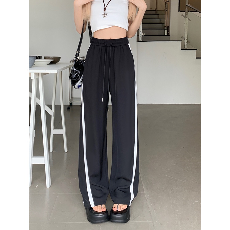 Lalisas Quần Dài Ống Rộng Lưng Cao Co Giãn Phối Dây Rút Thời Trang Cho Nữ