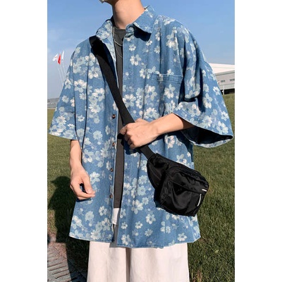 Áo Sơ Mi Denim Mỏng Tay Ngắn In Hoa Kiểu Retro Nhật Bản Thời Trang Mùa Hè 2022 Cho Nam