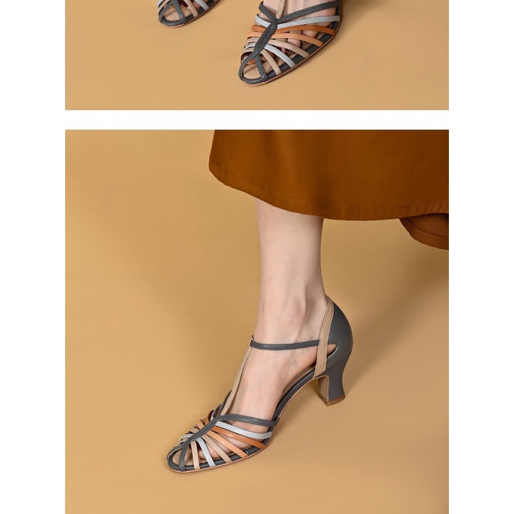 Ông Mr. Mr. Mr. Mr Giày Cao Gót Da Thật Đế Dày Hở Ngón Cài Khóa Màu Sắc Retro Thời Trang Mùa Hè Cho Nữ