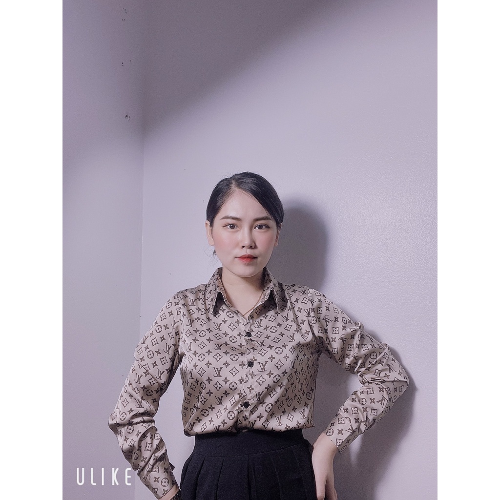 Áo sơ mi tay dài lụa cao cấp công sở áo sơ mi họa tiết chữ lv nâu đen ghi thiết kế HK Official cao cấp