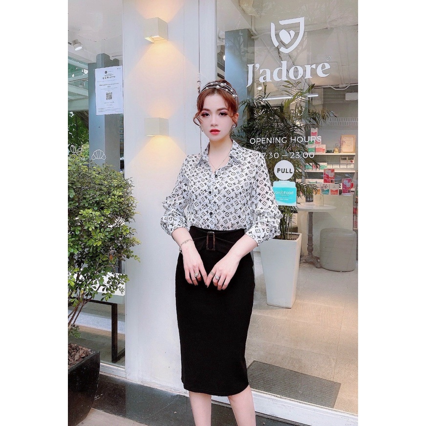 Áo sơ mi tay dài lụa cao cấp công sở áo sơ mi họa tiết chữ lv nâu đen ghi thiết kế HK Official cao cấp