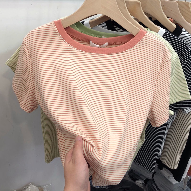 Áo Thun Cotton Ngắn Tay Sọc Ca Rô Thời Trang Hè Hàn Quốc 2022 Trẻ Trung Cho Nữ