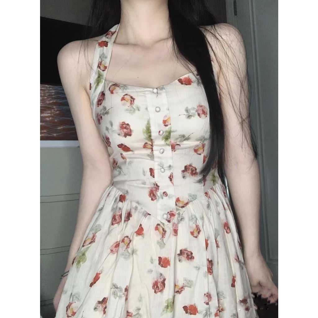 Đầm Hai Dây Họa Tiết Hoa Hồng Phong Cách Pháp Cổ Điển Thời Trang Mùa Hè
