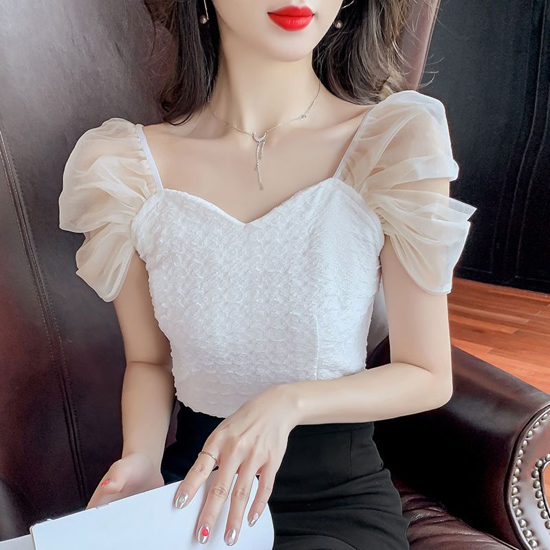 Áo Sơ Mi Tay Ngắn Phồng Cổ Vuông Phong Cách Pháp Ngọt Ngào Cho Nữ