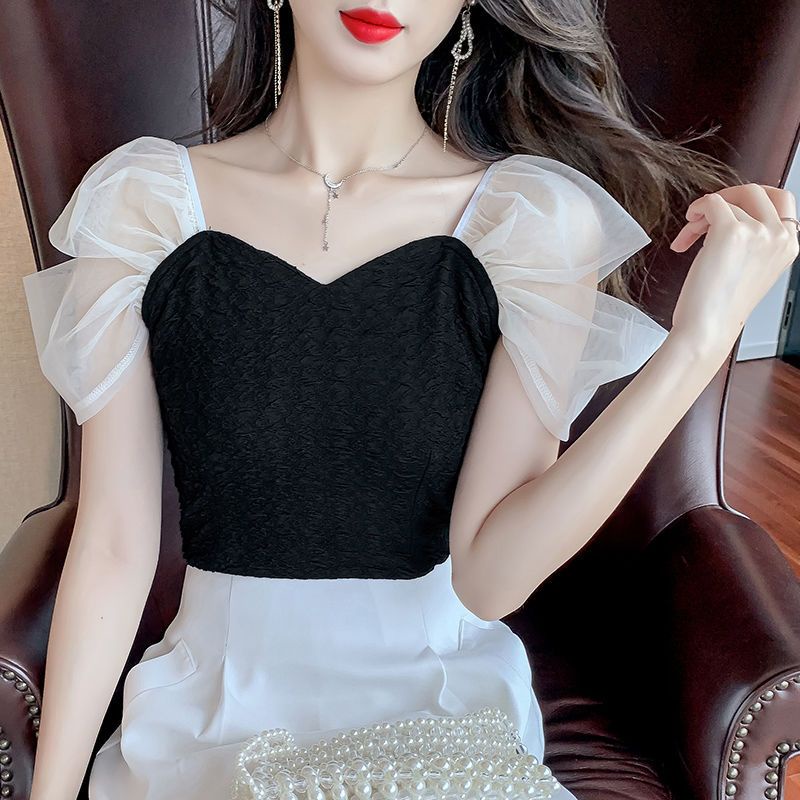 Áo Sơ Mi Tay Ngắn Phồng Cổ Vuông Phong Cách Pháp Ngọt Ngào Cho Nữ