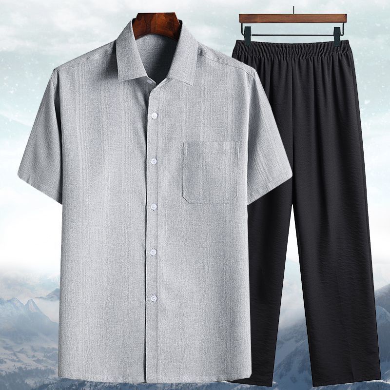 Spring and autumn men áo sơ mi dài-tay + quần dài trung niên người già cotton linen ngắn-tay dài cỡ lớn thời trang